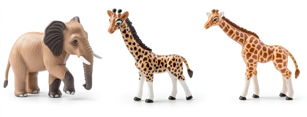 Obraz premium Colorful toy figurines of an elephant, giraffe, and tiger stand on a clean white background. Each figure showcases realistic features ideal for imaginative play and educational purposes