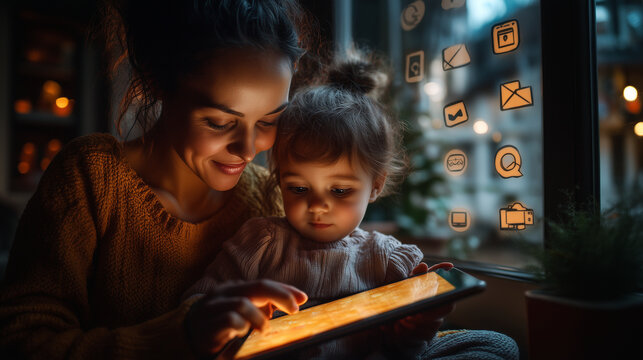 Parent teaching a child about online safety on a glowing tablet, surrounded by friendly icons. Bright lighting, contrast