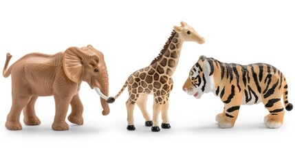Three colorful toy figurines—a detailed elephant, a uniquely patterned giraffe, and a strikingly striped tiger—are displayed against a clean white background in a studio setting