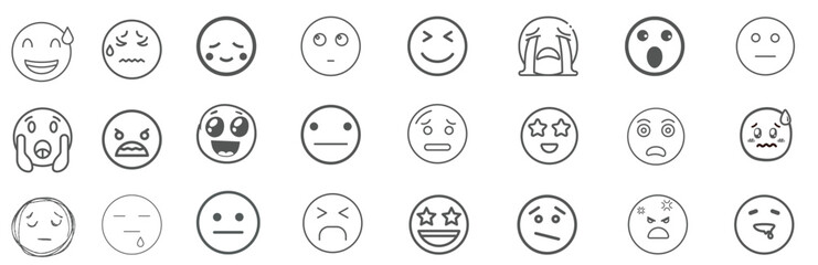 A set of 24 monochrome circular emoji icons displaying various facial expressions and emotions. Simple line-style illustrations include happy, sad, angry, surprised, love.