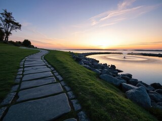 Fototapeta premium A winding path made of grey stone leads to a serene water feature at dusk, outdoor spaces, nighttime landscapes