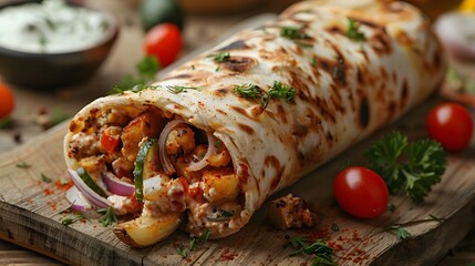 Delicious tortilla wrap stuffed with saucy chicken and vegetables placed on wooden board