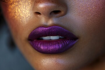 Fototapeta premium Close-up of a woman's lips with bold purple lipstick and shimmering golden highlights on her skin