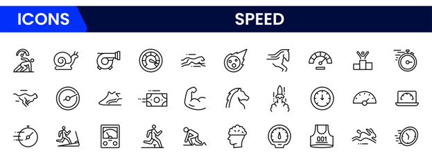 Speed icons set Vector illustration in modern thin line style of productivity-related icons: fast, strength, boost, and more pictograms and infographics for mobile apps.