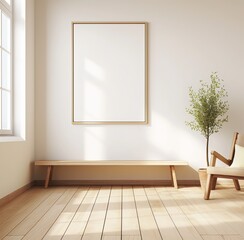 Empty room with blank wall and light wood floors, featuring a console table, perfect for a painting mockup.