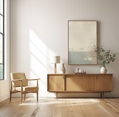 Empty room with blank wall and light wood floors, featuring a console table, perfect for a painting mockup.