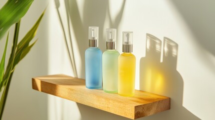 Elegant display of colorful spray bottles on wooden shelf in a bright indoor setting