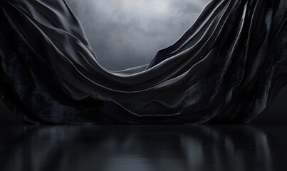 Abstract black fabric waves on a reflective surface with a textured background