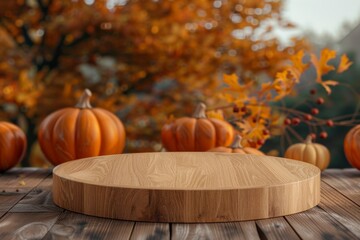Wooden Round Board Surrounded by Autumn Pumpkins and Leaves