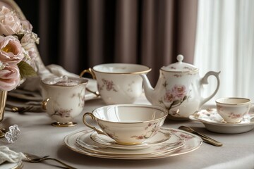 Fototapeta premium Elegant Floral Tea Set on Table Setting