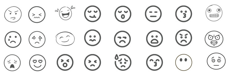 A set of 24 monochrome circular emoji icons displaying various facial expressions and emotions. Simple line-style illustrations include happy, sad, angry, surprised, love.