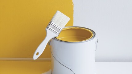 White Paint Can with Yellow Paint and Brush