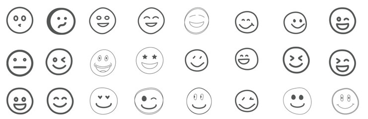 A set of 24 monochrome circular emoji icons displaying various facial expressions and emotions. Simple line-style illustrations include happy, sad, angry, surprised, love.