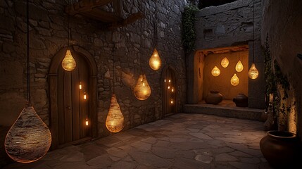 Naklejka premium Illuminated stone courtyard with hanging lamps at night.