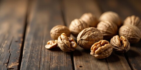 A delectable arrangement of shelled and unshelled walnuts rests on a rustic wooden surface, showcasing their natural textures and rich brown hues.