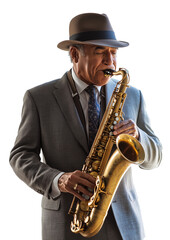 Fototapeta premium Clássico músico de Jazz tocanto saxofone em um fundo tranparente