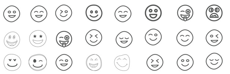 A set of 24 monochrome circular emoji icons displaying various facial expressions and emotions. Simple line-style illustrations include happy, sad, angry, surprised, love.