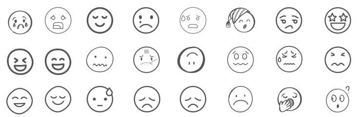 A set of 24 monochrome circular emoji icons displaying various facial expressions and emotions. Simple line-style illustrations include happy, sad, angry, surprised, love.