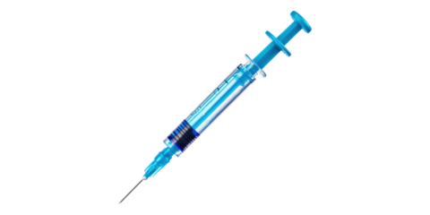 Blue plastic syringe with needle isolated on transparent background