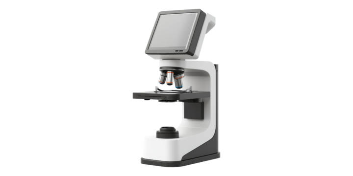 Modern optical microscope with digital screen isolated on transparent background - Powered by Adobe