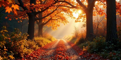 Golden Sunlight Illuminates a Picturesque Autumn Road Flanked by Vibrant Maple Trees and Lush Undergrowth