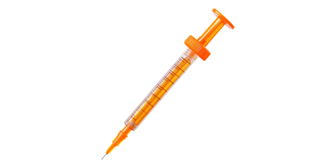 Orange plastic syringe with needle isolated on transparent background
