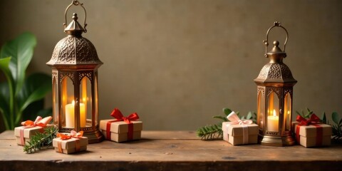 Illuminated Festive Scene with Ornate Lanterns and Gift Boxes on Rustic Wooden Surface