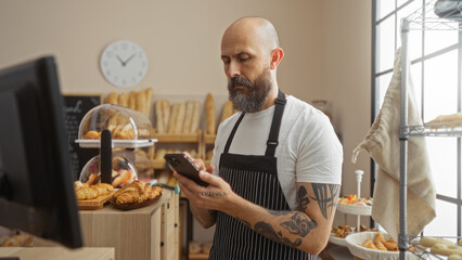Hispanic man with a beard and tattoos, wearing an apron, uses a smartphone in a bakery with bread and pastries displayed indoors.