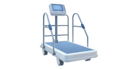 Medical weighing scale device with digital display isolated on transparent background