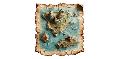 Vintage treasure map with islands and compass isolated on transparent background