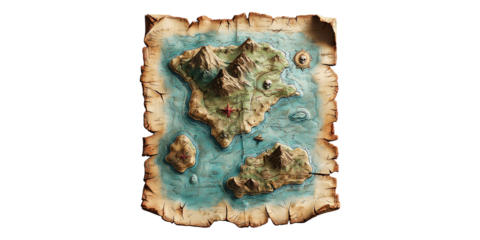 Vintage treasure map with islands and compass isolated on transparent background