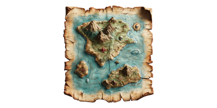 Vintage treasure map with islands and compass isolated on transparent background