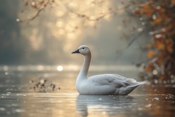 Obraz premium White Goose Swimming Calm Autumn Water Sunset