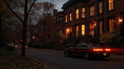 Car driving down residential street at dusk, brownstones glowing, autumn leaves