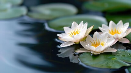 Serene white water lilies float on calm pond, reflecting tranquility; ideal for spa, wellness