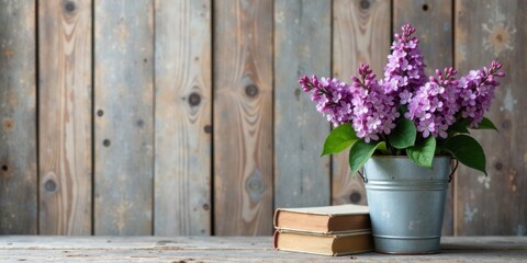 Fototapeta premium Rustic Still Life Featuring Delicate Lilac Blooms in a Weathered Metal Container, Accompanied by Aged Books on a Weathered Wooden Surface
