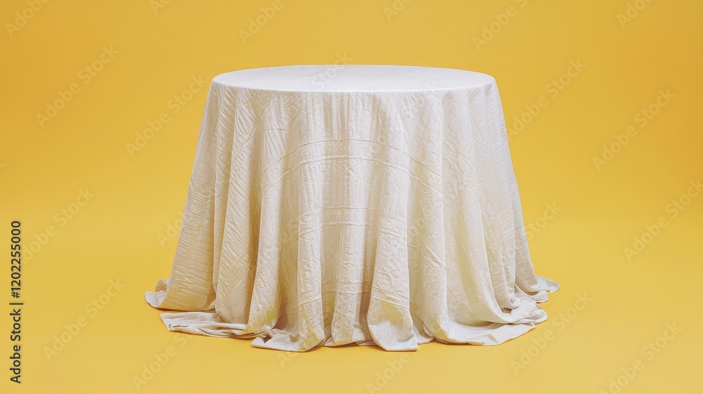 Poster white tablecloth on round table with yellow background