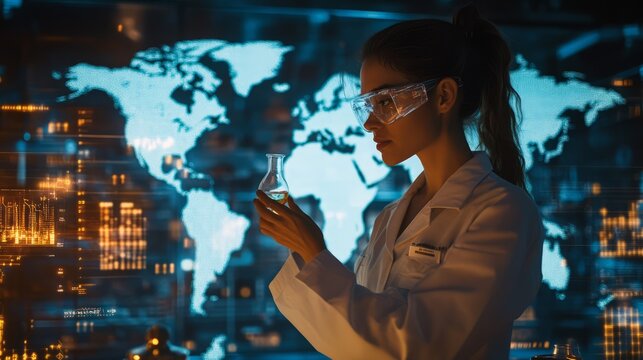 Scientist in lab coat examining a flask in front of a digital world map at night
