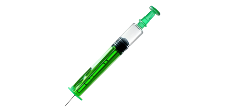 Green syringe with needle isolated on transparent background