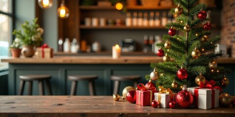 Festive Winter Season Decor A Small Decorated Christmas Tree with Presents on a Rustic Wooden Table in a Cozy Interior Setting