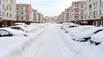 Obraz premium A car is completely covered with fresh white snow in a parking lot following a heavy blizzard. The surrounding area showcases a serene winter landscape with deep snow on the street