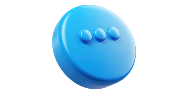 Blue round button with three dots isolated on transparent background - Powered by Adobe
