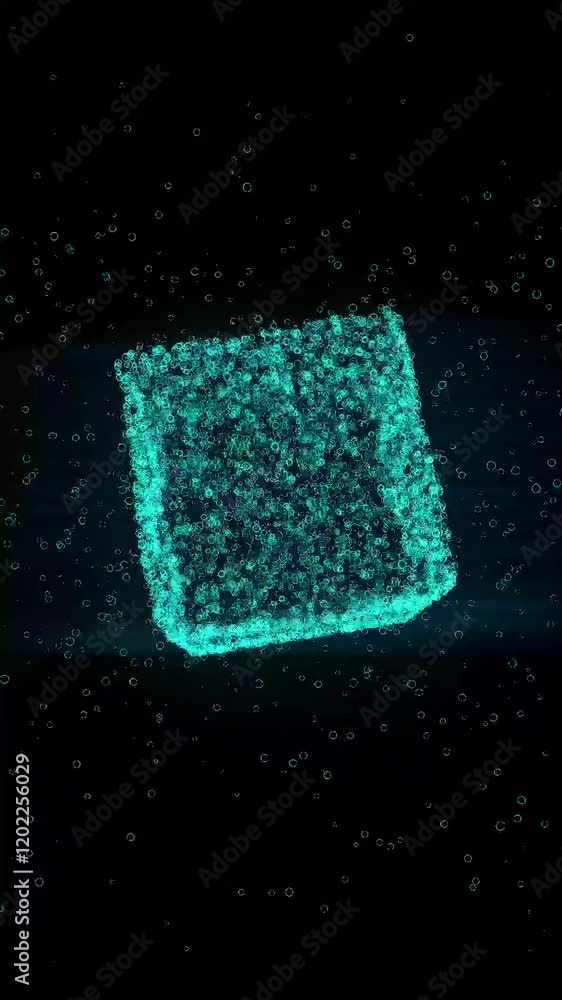 Aufkleber Abstract 3D glowing turquoise cube composed of tiny particles, floating in black background. Vertical video animation