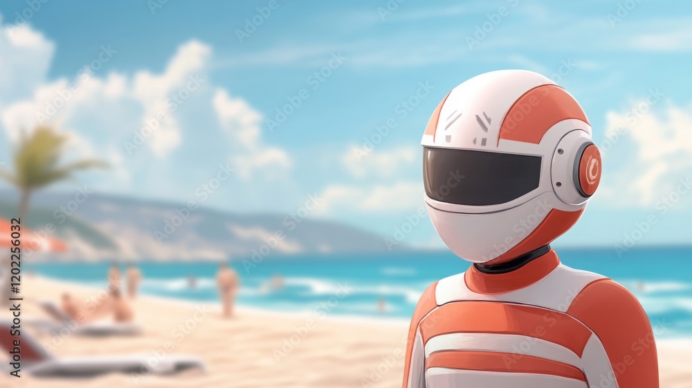 Poster a robot lifeguard monitoring a beach, rescuing a swimmer with precision