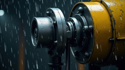 Industrial Machinery Under Rainfall Close-up Detail of a Wet, Metallic Device with a Yellow Component