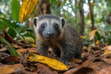Obraz premium Young Lowland Streaked Tenrec Among Forest Leaves