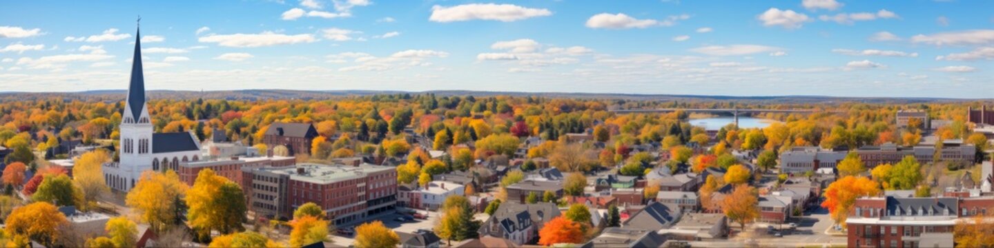 Aerial View Panorama of Downtown Framingham, Massachusetts with City Hall. Explore the Art and Architecture of this American City