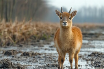 Obraz premium Young Red Lechwe Antelope Stands In Muddy Wetland