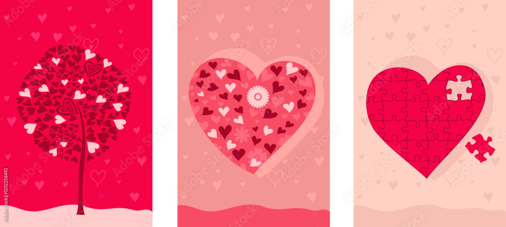 Poster creative concept of happy valentines day cards set. modern abstract art design with hearts. template