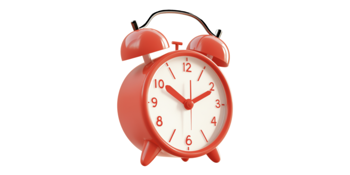 Red vintage alarm clock isolated on transparent background